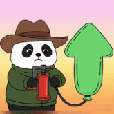 a panda bear wearing a cowboy hat is pumping a green arrow up