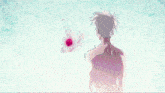 a drawing of a person holding a flower with red paint coming out of it