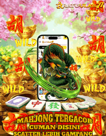 an advertisement for a game called mahjong tergacor with a green dragon
