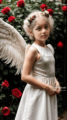 a little girl with angel wings and a flower crown on her head