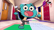 a cartoon character from the amazing world of gumball is running down a hallway