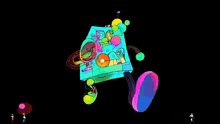 a colorful cartoon drawing of a house with balloons on top
