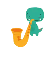a cartoon of a dinosaur playing a saxophone with its eyes closed