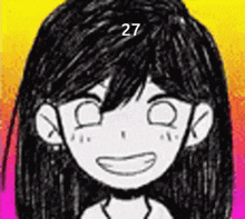 a black and white drawing of a girl smiling with the number 27 on her forehead .