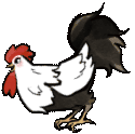 a cartoon rooster with a red crest and a black tail .
