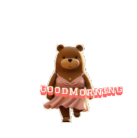 a teddy bear wearing a pink dress and a gold necklace says good morning