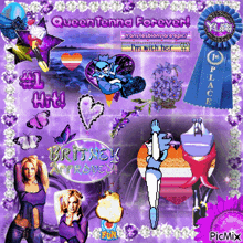 a picture of britney spears is surrounded by purple flowers