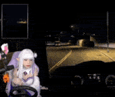a girl in a cosplay costume is sitting in a chair with a steering wheel .