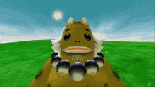 a cartoon character with a necklace around his neck stands in a field