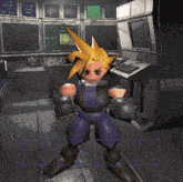 a video game character is standing in front of a monitor that says ' l ' on it