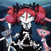 a cartoon character with red hair and a black dress is surrounded by two pink cartoon characters