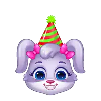 a cartoon bunny wearing a party hat and a pink bow