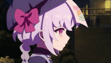 a purple haired anime girl with a pink bow on her head