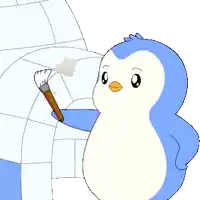 a blue and white penguin is painting an igloo