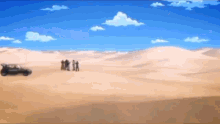 a group of people are standing in the middle of a desert .