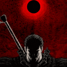 a black and white drawing of a man with a sword and a red background