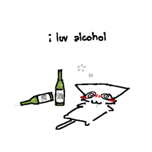 a drawing of a cat with a bottle of alcohol next to it that says i love alcohol