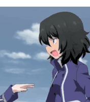 a girl in a purple jacket is pointing her finger at another girl