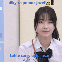 a girl with her eyes closed and the words tohle carry bylo insane on the bottom