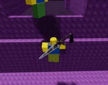 a roblox character is holding a sword in a dark room