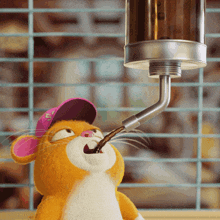 a stuffed animal wearing a pink hat is drinking from a hose