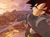 a cartoon character is standing on top of a hill with his eyes closed