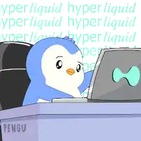 a cartoon of a penguin sitting in front of a laptop with the word hyper liquid behind him
