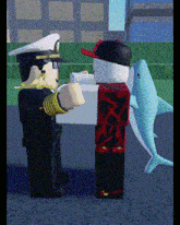 a man in a military uniform is holding a toy shark