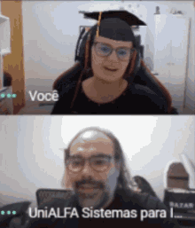 a woman in a graduation cap and gown is talking to a man in glasses