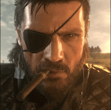a man with a beard and an eye patch is smoking a cigar in a video game .