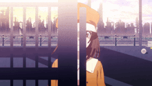 a girl behind bars with a city in the background behind her