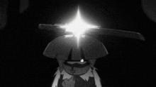 a black and white cartoon character holding a sword