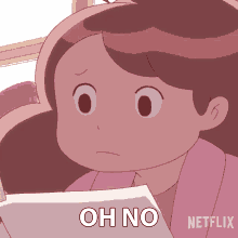 a cartoon girl is reading a book and the words oh no are above her
