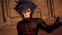 a cartoon character with black hair and red stripes on his arms