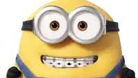 a yellow minion with braces on his teeth and goggles