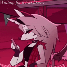 a cartoon drawing of a wolf with the words waiting for a text like on the bottom