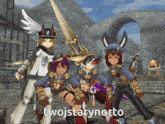 a group of anime characters are standing next to each other with twojstarynorto written on the bottom