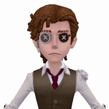 a cartoon character wearing a vest and tie has buttons on his eyes