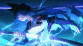 a blue haired anime character is holding a sword