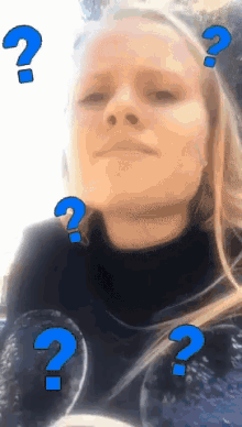 a woman with question marks around her head