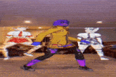 a group of cartoon characters are dancing in a living room with a purple background