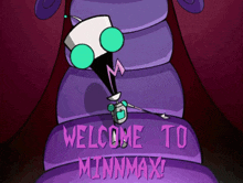a welcome to minnmax sign with a cartoon character