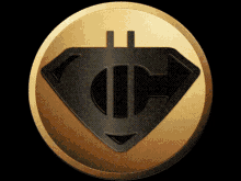 a gold coin with a black superman shield on it