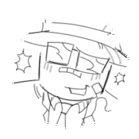 a black and white drawing of a person with a hat and glasses .