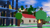 a computer generated image of a house with a red roof surrounded by trees