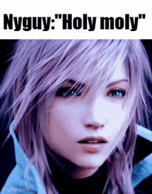 a picture of a girl with purple hair and the words nyguy holy moly on the bottom
