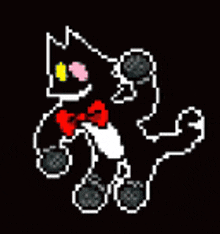a pixel art of a black and white cat wearing a bow tie and headphones .