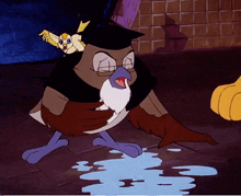 a cartoon owl with glasses and a beard is holding a bird