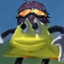 a cartoon character wearing goggles and purple hair