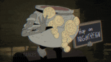 a cartoon character is holding a sign that says hop on nightreign